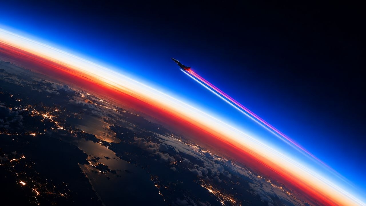 Glowing curvature of Earth at night with blue atmosphere horizon and city lights