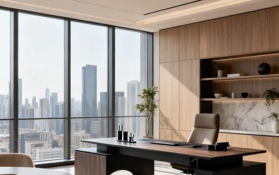 Sunlit executive wooden desk with laptop and lush indoor tree